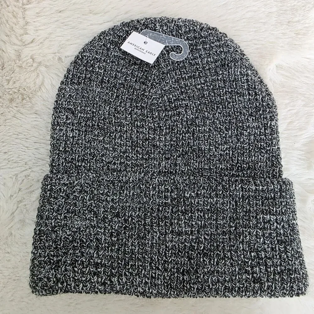 American Eagle Black Marbled Waffle Knit Beanie NWT Unisex Slouchy Winter Hat OS